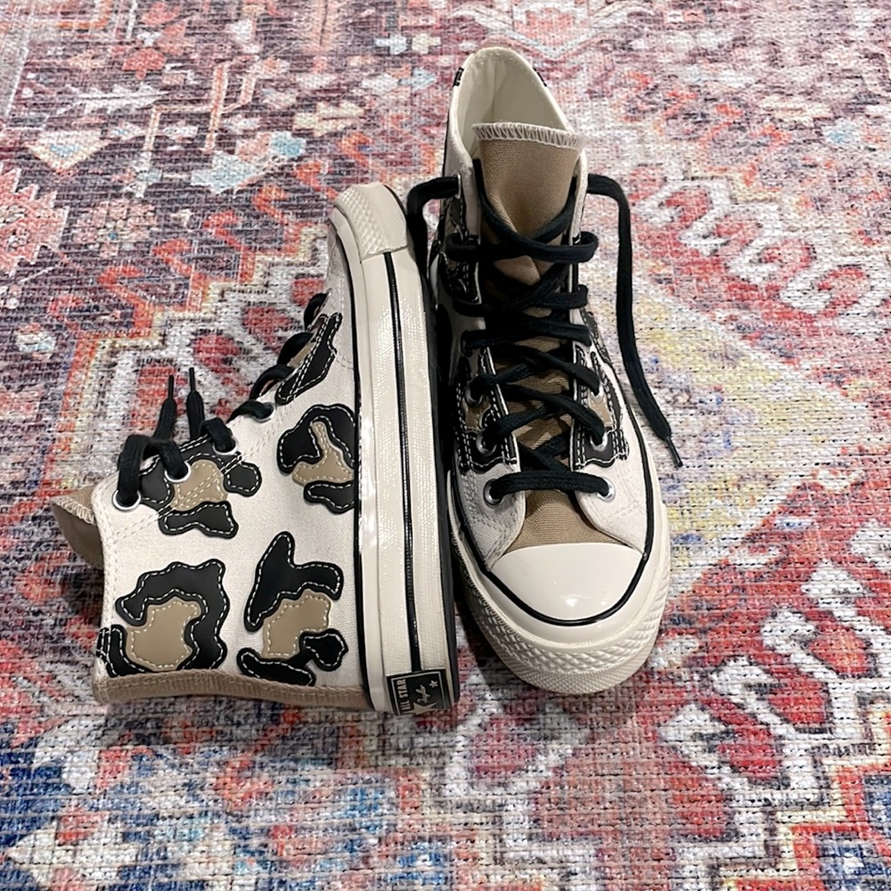 High Top Converse. Size 6 Women’s. Cream Leopard Print.
